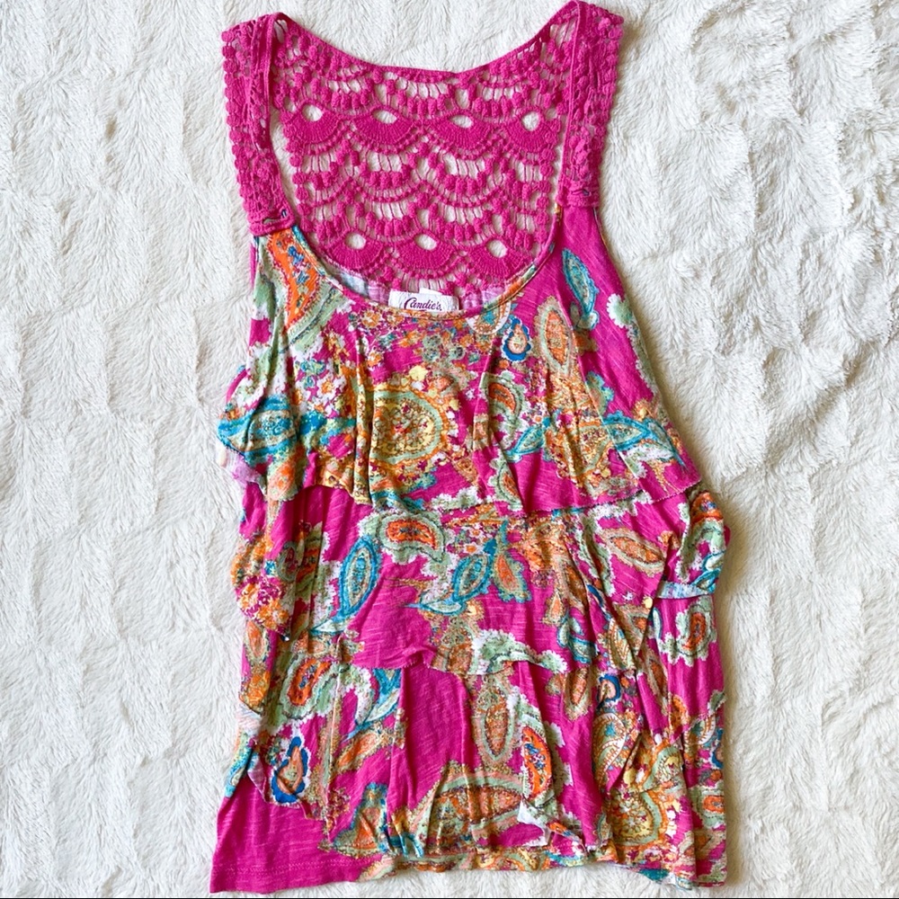 Pink paisley tiered tank top w/ back knit detail